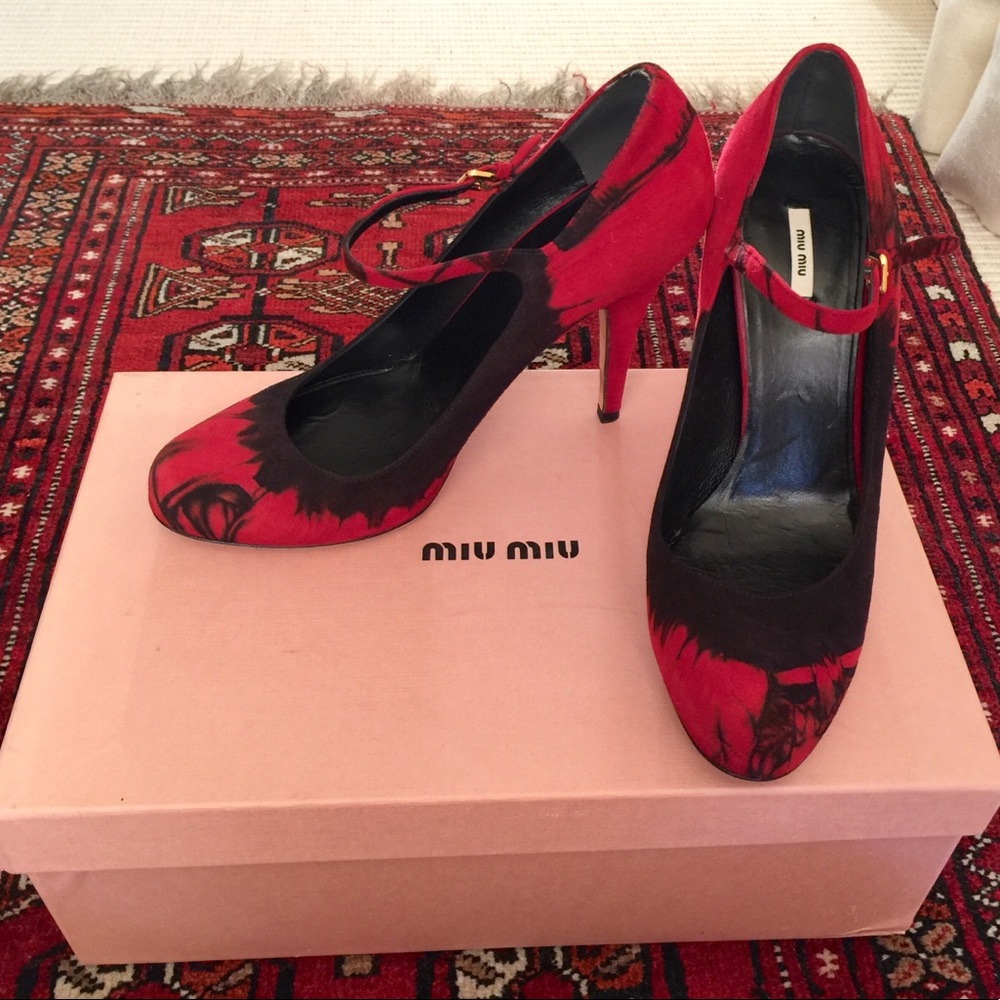 Miu Miu Red & Black Suede Tie-Dyed Mary Janes